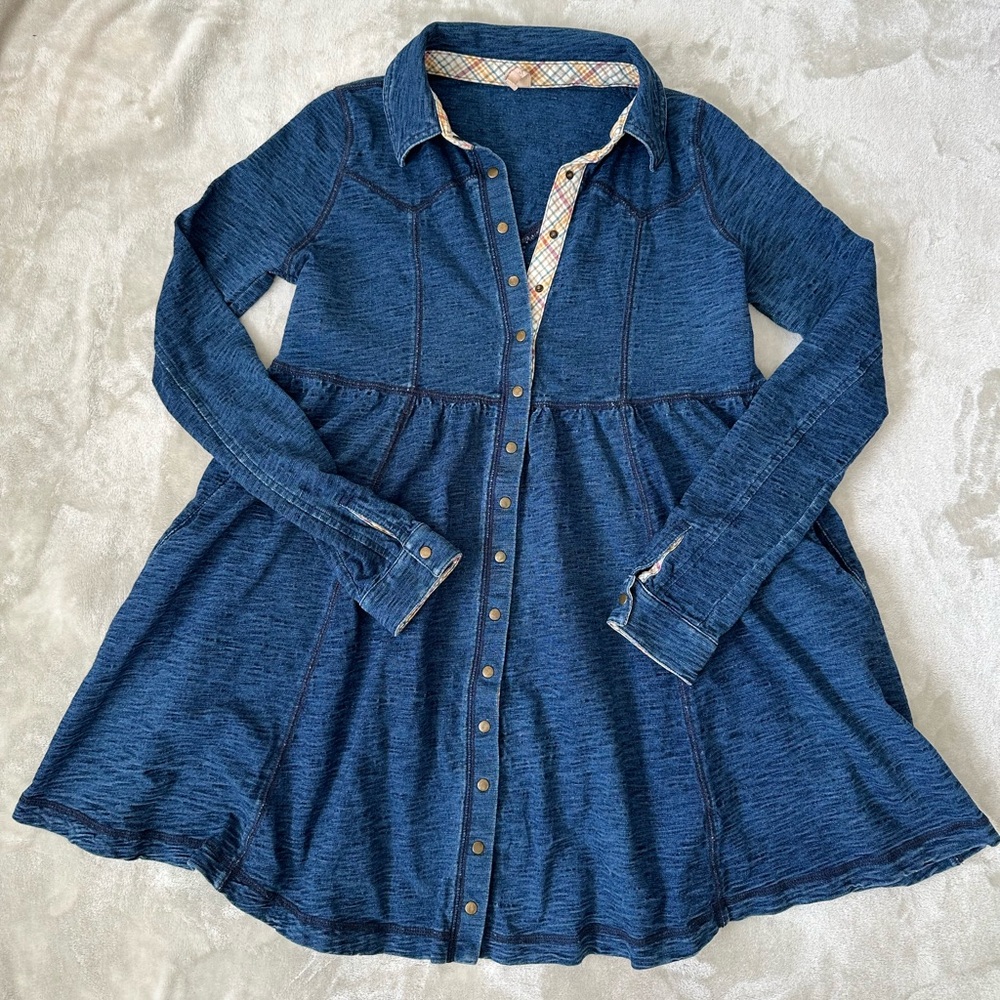 Free People Indigo Knit Babydoll Shirtdress Plaid Detailing Longsleeve Button up